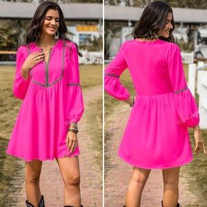 Bright Pink Long Sleeve Boho Mini Dress